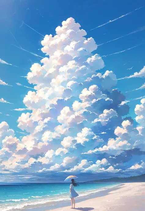 One woman,pastel,In front of the sea,Standing on the beach,blue sky,Large cumulonimbus cloud,View from afar,A touching scene