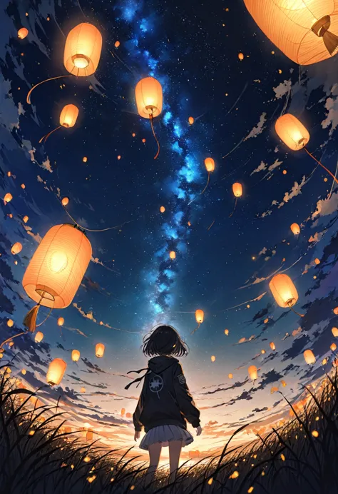 anime、((Amazingly absurd)),(masterpiece:1.2),超High resolution, Attention to detail, High image quality, High resolution, 最High image quality, 4K, 8k、Girl with her back turned、look up、Face is hidden、Night field、Standing Alone、Flying Lantern、Illuminate、Hope is the theme、下からlook up構成、short hair、Black Hair、Black hoodie、White Skirt、Black Night Sky、Late Night