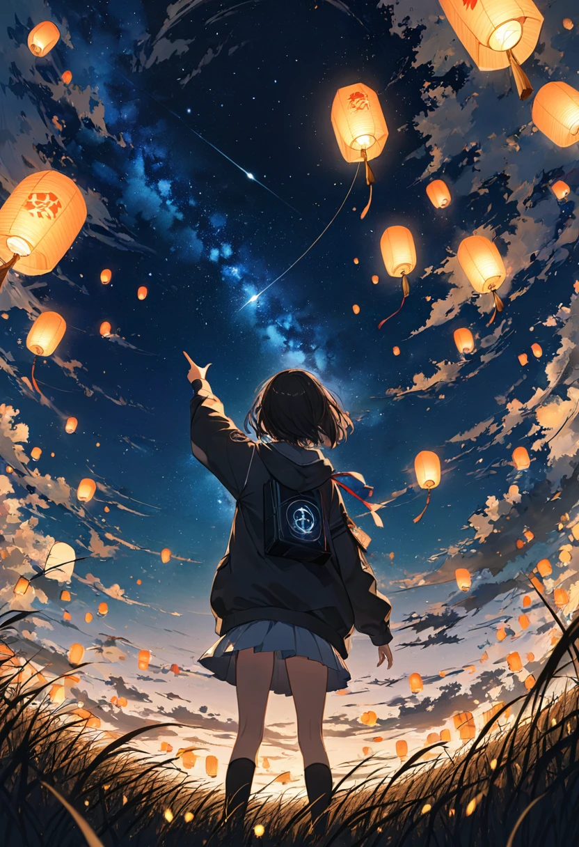 anime、((Amazingly absurd)),(masterpiece:1.2),超High resolution, Attention to detail, High image quality, High resolution, 最High image quality, 4K, 8k、Girl with her back turned、Pointing to the sky、look up、Face is hidden、Night field、Standing Alone、Flying Lantern、Illuminate、Hope is the theme、下からlook up構成、short hair、Black Hair、Black hoodie、White Skirt、Black Night Sky、Late Night