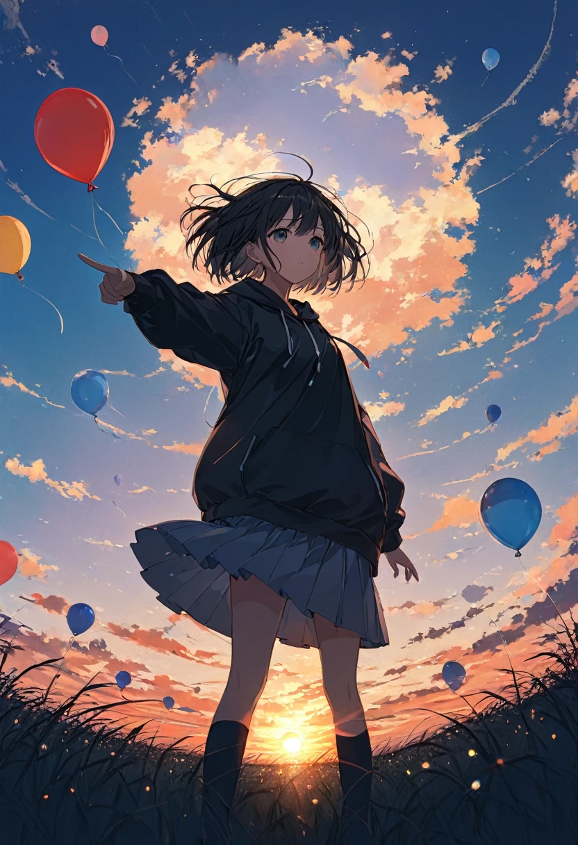 anime、((Amazingly absurd)),(masterpiece:1.2),超High resolution, Attention to detail, High image quality, High resolution, 最High image quality, 4K, 8k、Girl riding a balloon、Pointing to the sky、look up、Face is hidden、Field at daytime、Standing Alone、Flying balloon、Illuminate、Hope is the theme、short hair、Black Hair、Black hoodie、sunset