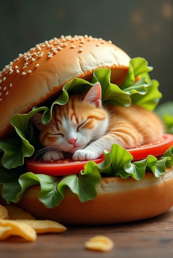 The cat is sleeping inside the hamburger. 