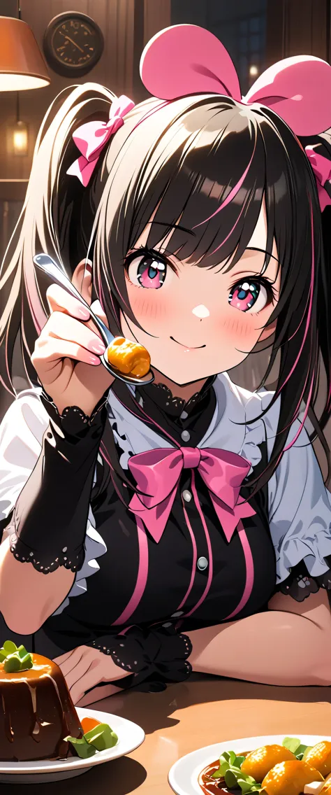 anime girl eating a piece of cake with a fork and a plate of food（kizuna ai)