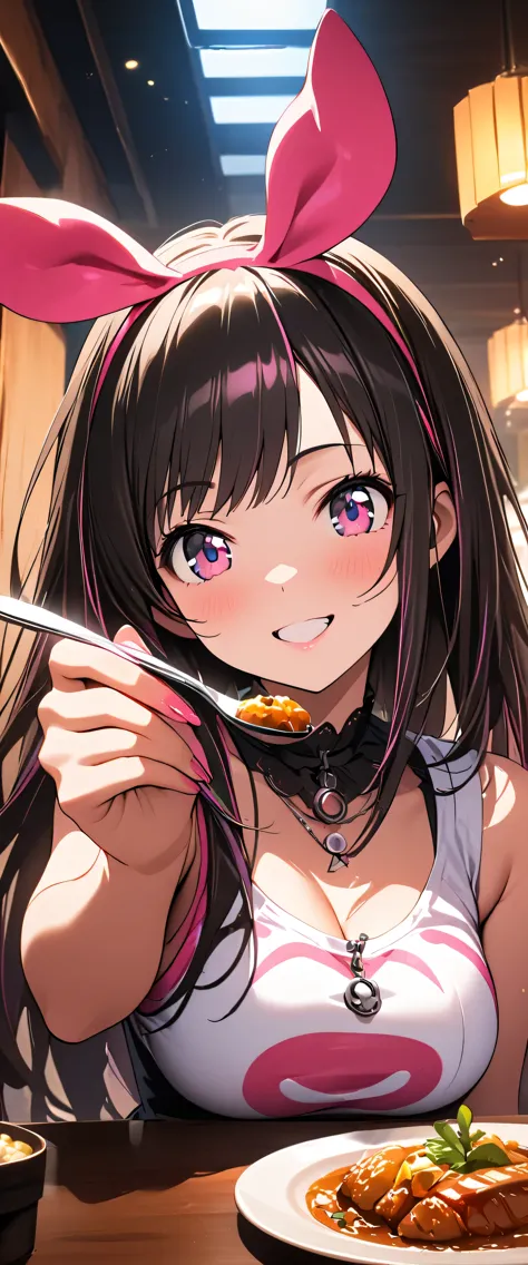 anime girl eating a meal with a fork and a plate of food（kizuna ai)