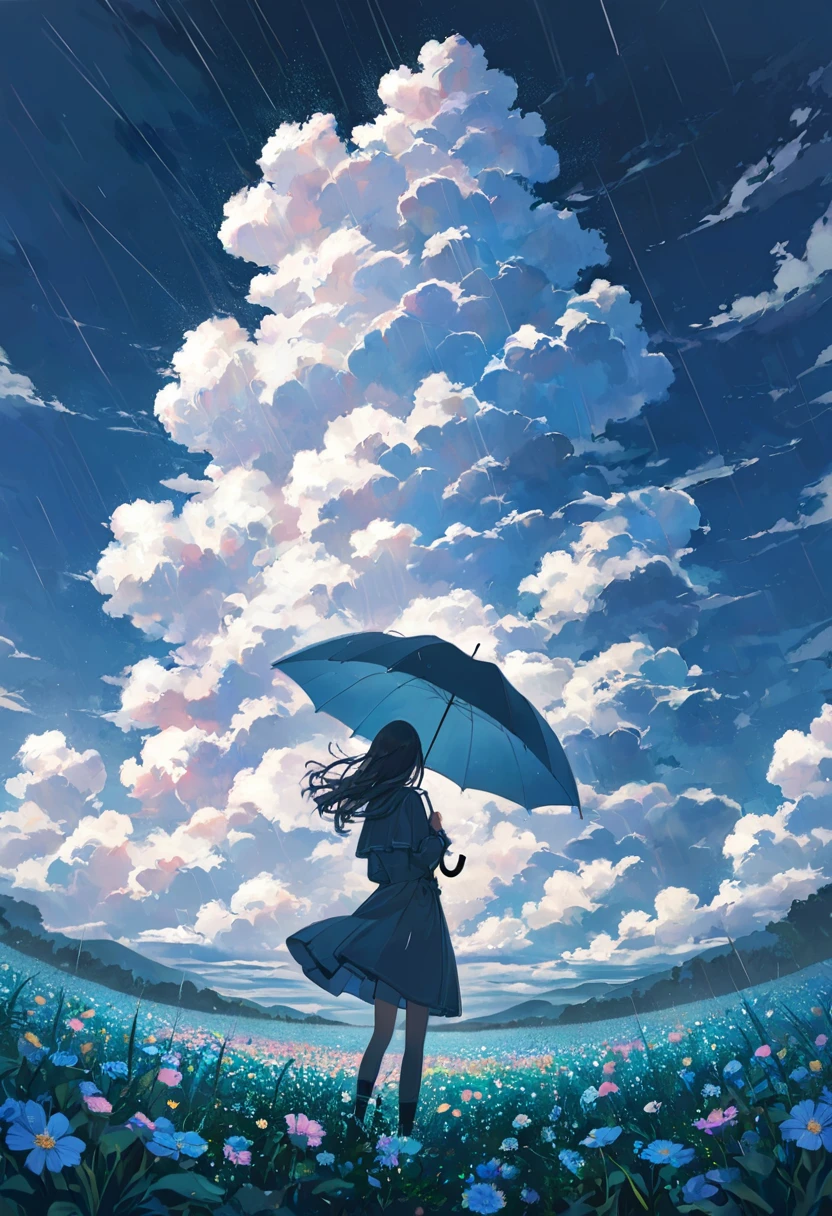 One woman,pastel,Holding an umbrella,Standing in a flower field,green,Purple,Rainy weather,Big rain cloud,Dark Skies,View from afar,A touching scene