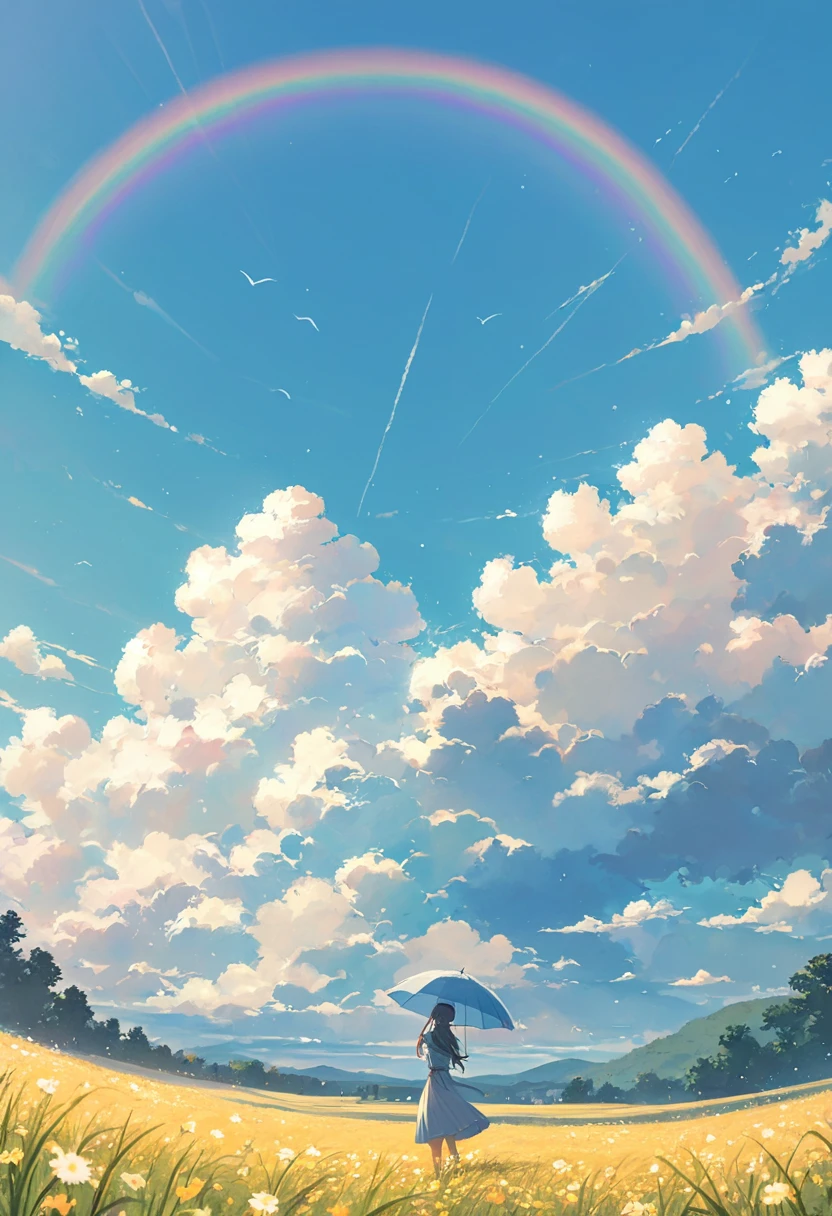 One woman,pastel,Standing in a field,Clear skies,blue sky,Umbrellas fly in the sky,Not a single cloud,Bright sky,A rainbow in the sky,View from afar,A touching scene