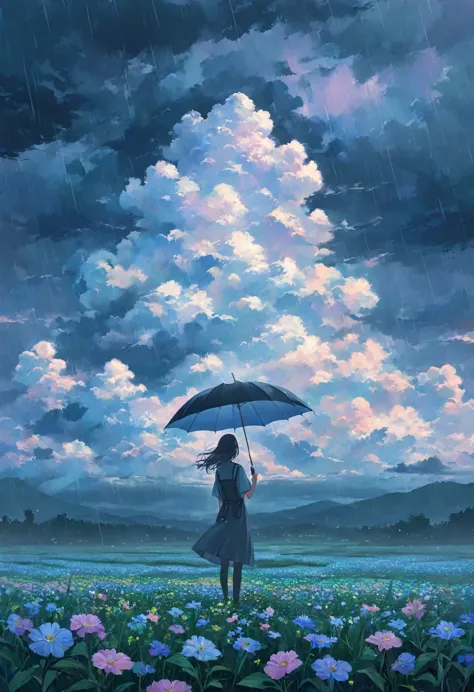 One woman,pastel,Holding an umbrella,Standing in a flower field,green,Purple,Rainy weather,Big rain cloud,Dark Skies,Overall dark,View from afar,A touching scene