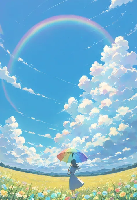 One woman,pastel,Standing in a field,Clear skies,blue sky,Throw an umbrella into the sky,Throw it away,Not a single cloud,Bright sky,A rainbow in the sky,View from afar,A touching scene