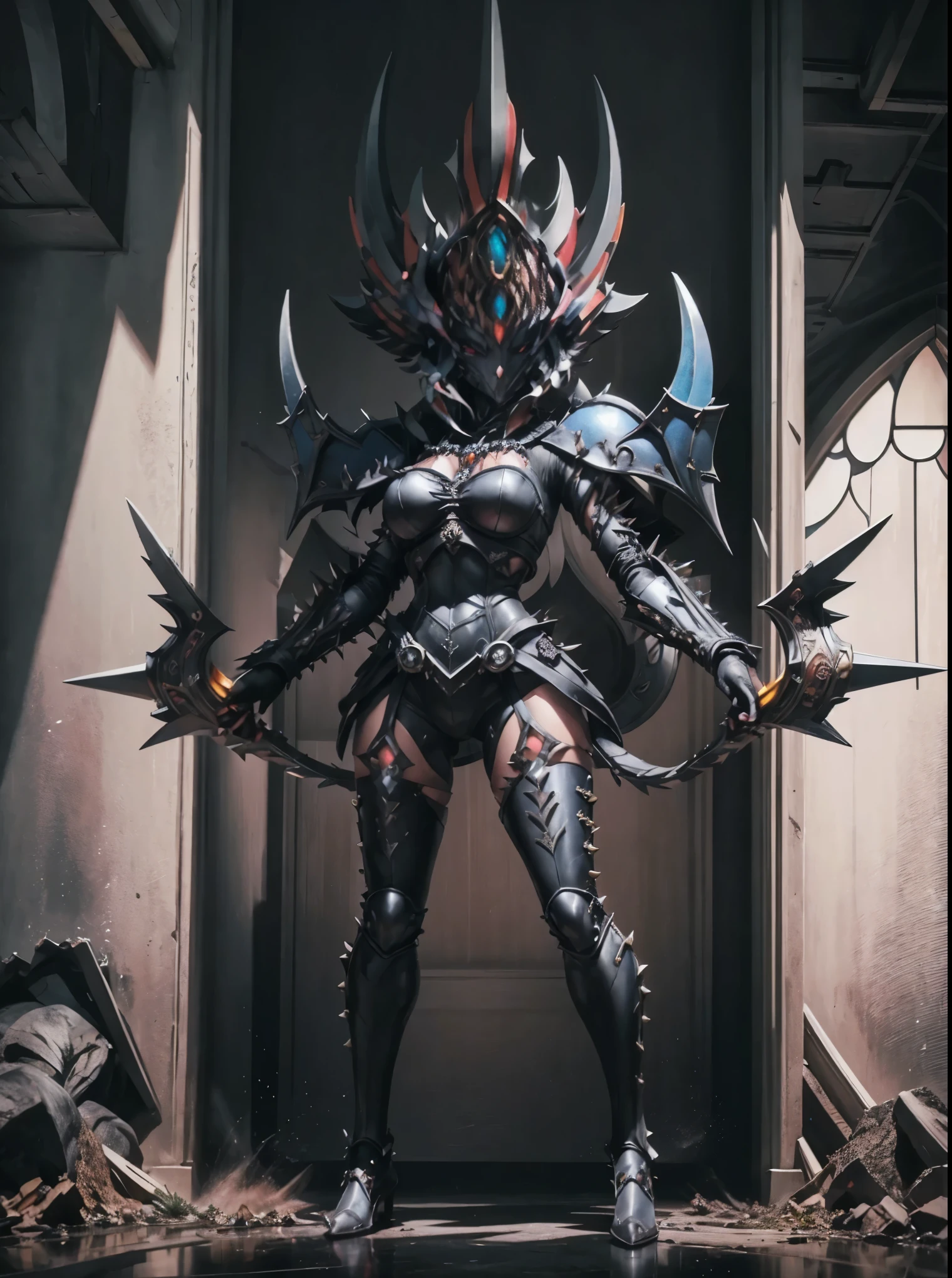 Female Knight. one person. Bikini armor. Black armor. Spiky spines. Stained glass-style armor. Large gauntlets. Sharp claws. Warhammer. dark smog background.