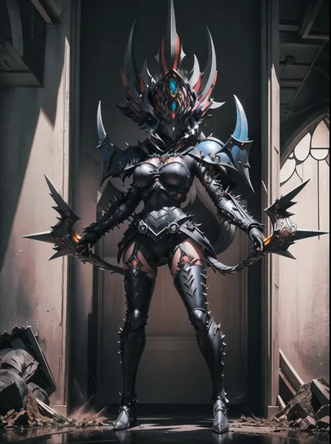 female knight. one person. bikini armor. black armor. spiky spines. stained glass-style armor. large gauntlets. sharp claws. war...