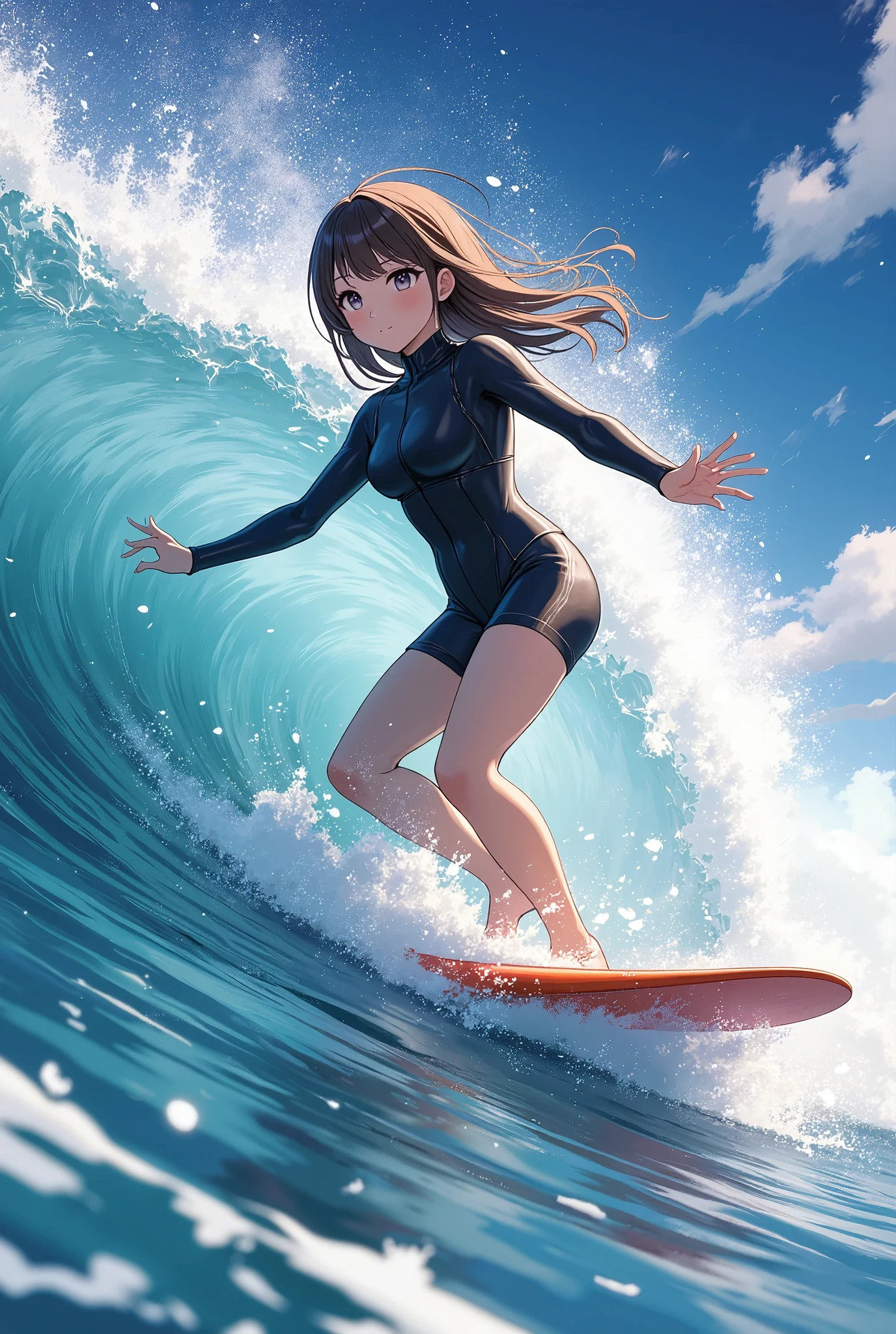 Girl surfing in the sea、surfboard、Wetsuits、Big waves、The water splashes shine beautifully、Crystal clear tropical waters、White waves and deep blue,close-up