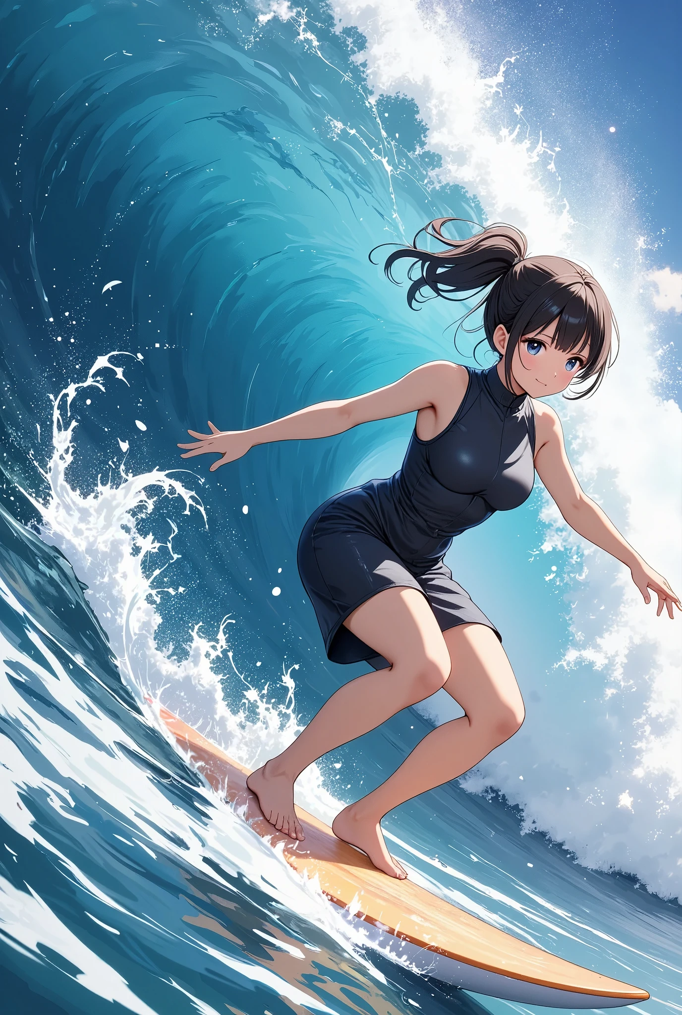 Girl surfing in the sea、surfboard、Wetsuits、Big waves、The water splashes shine beautifully、Crystal clear tropical waters、White waves and deep blue,close-up