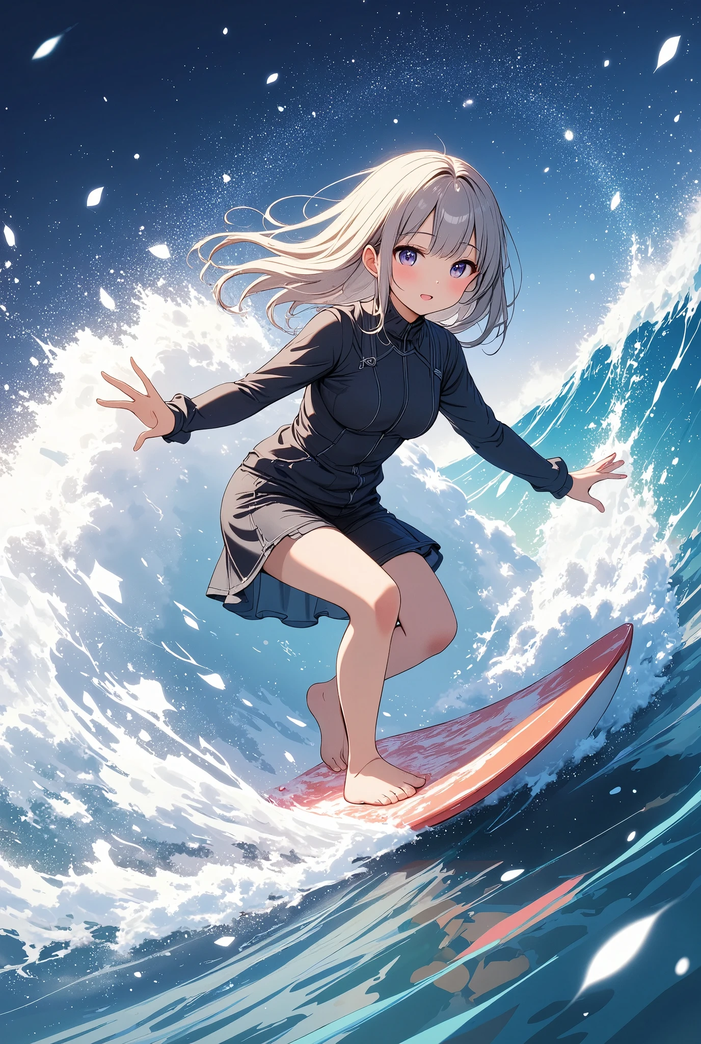 Girl surfing in the sea、surfboard、Wetsuits、Big waves、The water splashes shine beautifully、Crystal clear tropical waters、White waves and deep blue,close-up