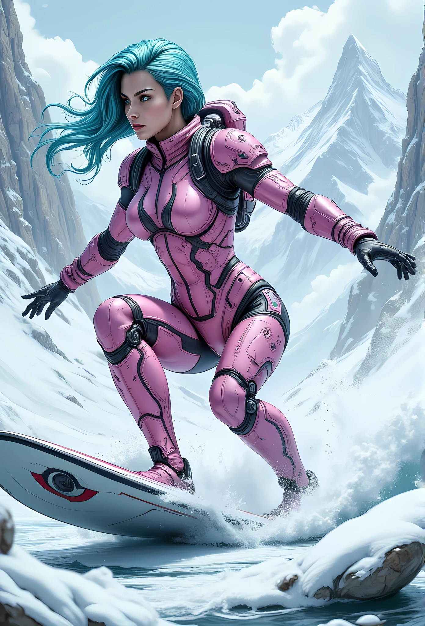 high details, best quality, 16k, [best detailed], masterpiece, best quality, (extremely detailed), photorealistic, fantasy art, RPG art, a picture of a mech girl, wearing pink mech suit, surfing in the snow, epic beautiful human woman (best details, Masterpiece, best quality), ultra detailed face (best details, Masterpiece, best quality), azure hair, green eyes, mech suit, tight mech suit, (best details, Masterpiece, best quality), snowy mountain background, 