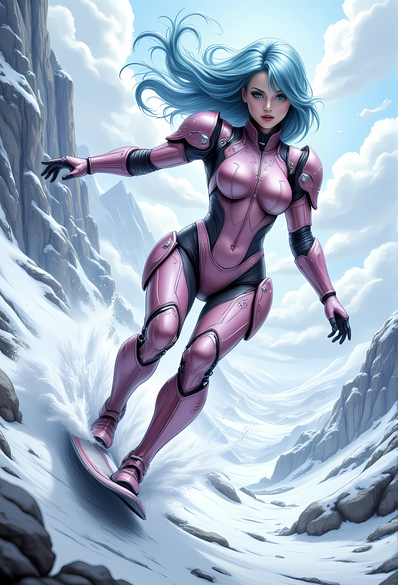 high details, best quality, 16k, [best detailed], masterpiece, best quality, (extremely detailed), photorealistic, fantasy art, RPG art, a picture of a mech girl, wearing pink mech suit, wearing high heel boots, surfing in the snow, epic beautiful human woman (best details, Masterpiece, best quality), ultra detailed face (best details, Masterpiece, best quality), azure hair, green eyes, mech suit, tight mech suit, (best details, Masterpiece, best quality), snowy mountain background, 