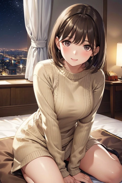 my grandmother、Shiny brown hair, Short Hair, (Beautiful brown eyes、Sparkling eyes, Fine grain)、smile、Ultra-detailed eyes、Highly detailed face, Highly detailed eyes,



masterpiece, High resolution, High-definition CG Unity 8K,Beautiful and rich features, White skin,
(1 girl),skinny,(Very short hair),
(Brown crew neck sweater), (Dynamic Angle),(At night),room,Sitting on the floor,Looking at the audience,