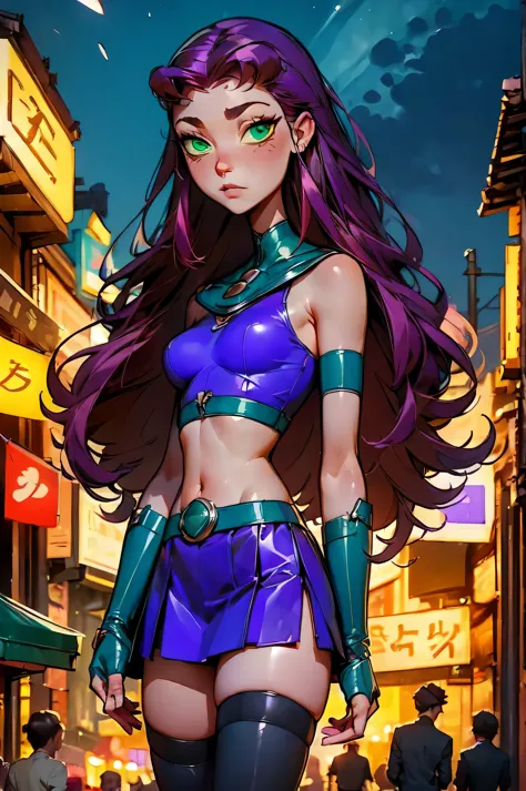 starfire, green eyes, long red hair, black skin, purple crop top, sleeveless, bare shoulders, purple skirt, purple thighhighs, a...