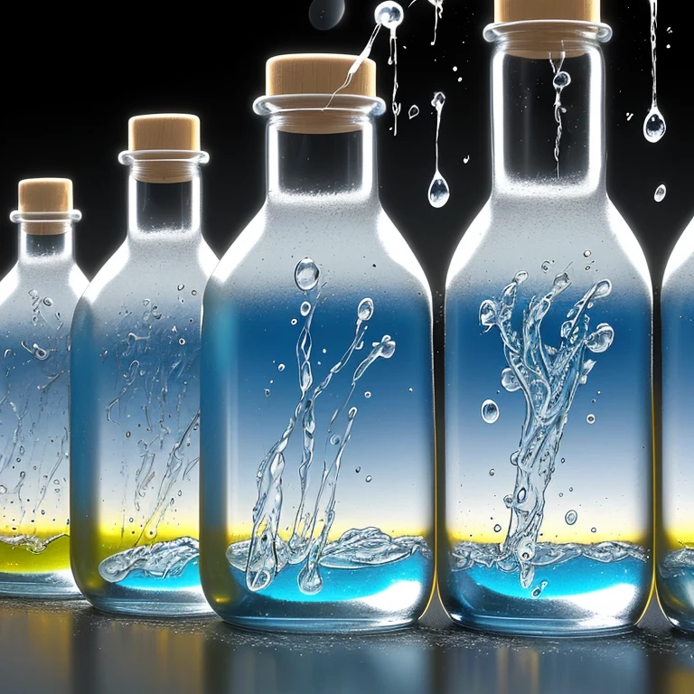 4-colored bottles, vibration, scattering, scientific, water droplets, sensation,