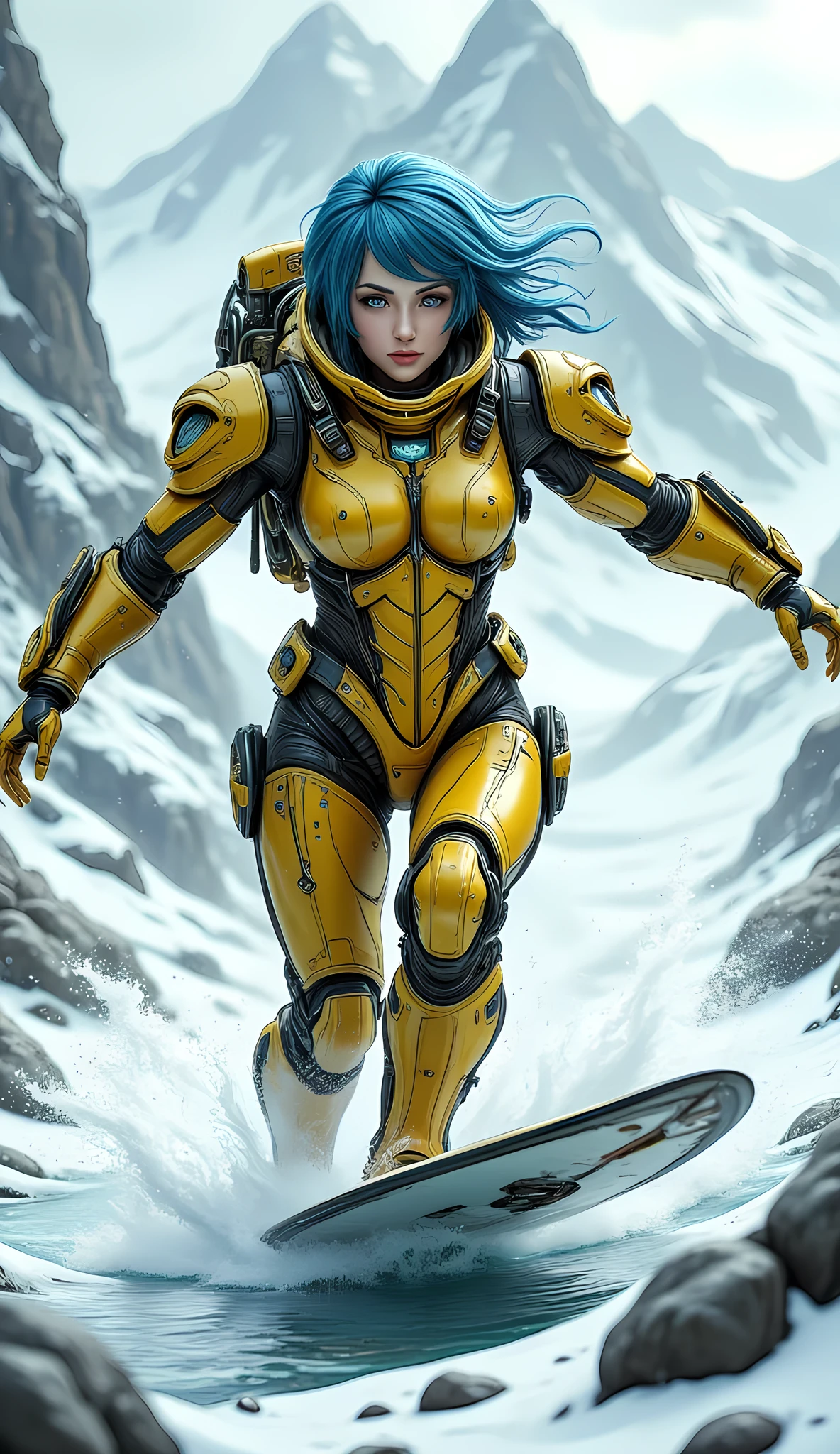 high details, best quality, 16k, [best detailed], masterpiece, best quality, (extremely detailed), photorealistic, fantasy art, RPG art, a picture of a mech girl, wearing bright yellow mech suit, wearing high heel boots, surfing in the snow, epic beautiful human woman (best details, Masterpiece, best quality), ultra detailed face (best details, Masterpiece, best quality), azure hair, green eyes, mech suit, tight mech suit, (best details, Masterpiece, best quality), snowy mountain background, 