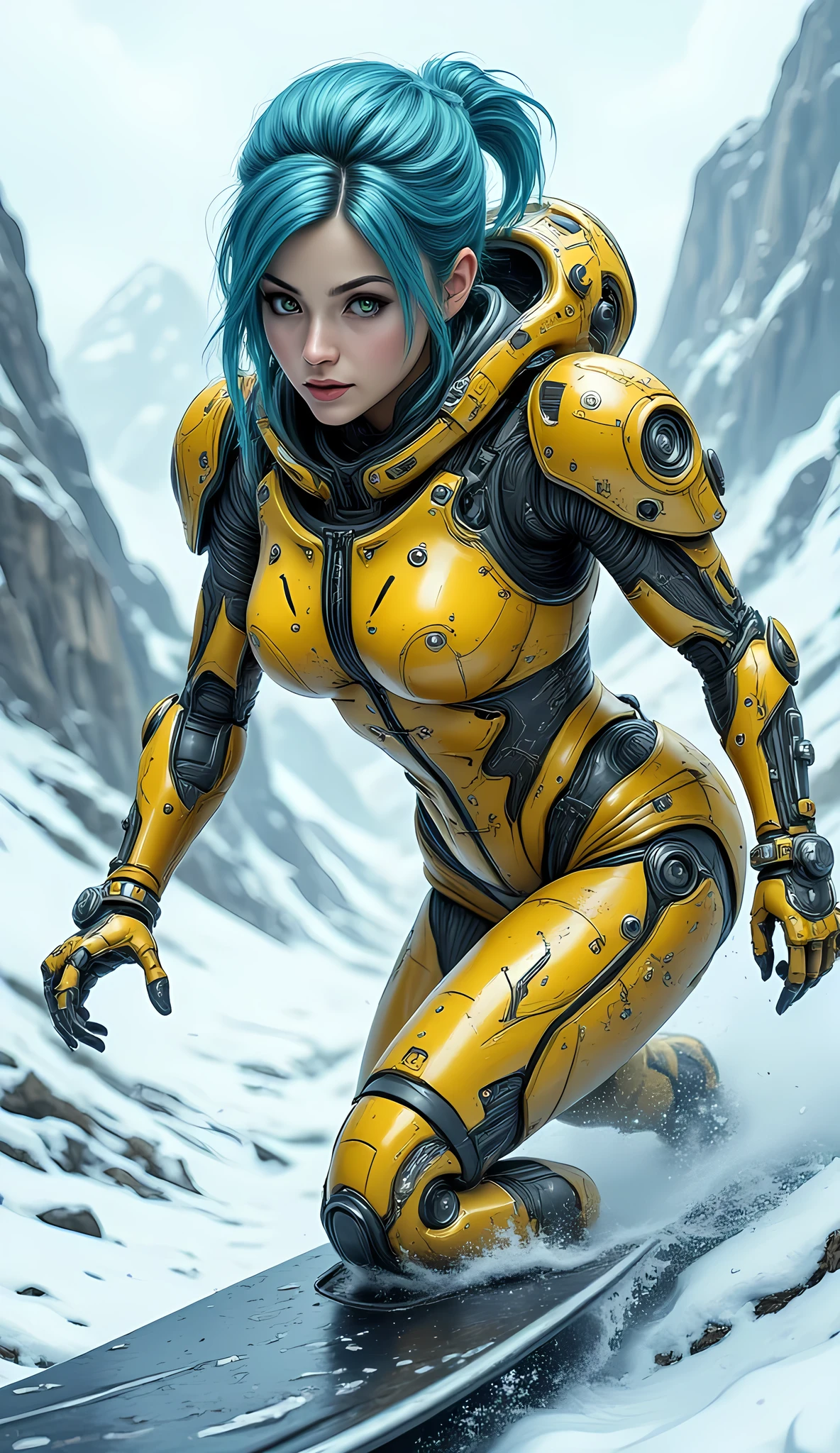 high details, best quality, 16k, [best detailed], masterpiece, best quality, (extremely detailed), photorealistic, fantasy art, RPG art, a picture of a mech girl, wearing bright yellow mech suit, wearing high heel boots, surfing in the snow, epic beautiful human woman (best details, Masterpiece, best quality), ultra detailed face (best details, Masterpiece, best quality), azure hair, green eyes, mech suit, tight mech suit, (best details, Masterpiece, best quality), snowy mountain background, 