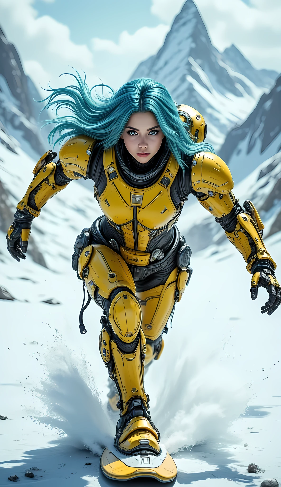 high details, best quality, 16k, [best detailed], masterpiece, best quality, (extremely detailed), photorealistic, fantasy art, RPG art, a picture of a mech girl, wearing bright yellow mech suit, wearing high heel boots, surfing in the snow, epic beautiful human woman (best details, Masterpiece, best quality), ultra detailed face (best details, Masterpiece, best quality), azure hair, green eyes, mech suit, tight mech suit, (best details, Masterpiece, best quality), snowy mountain background, 