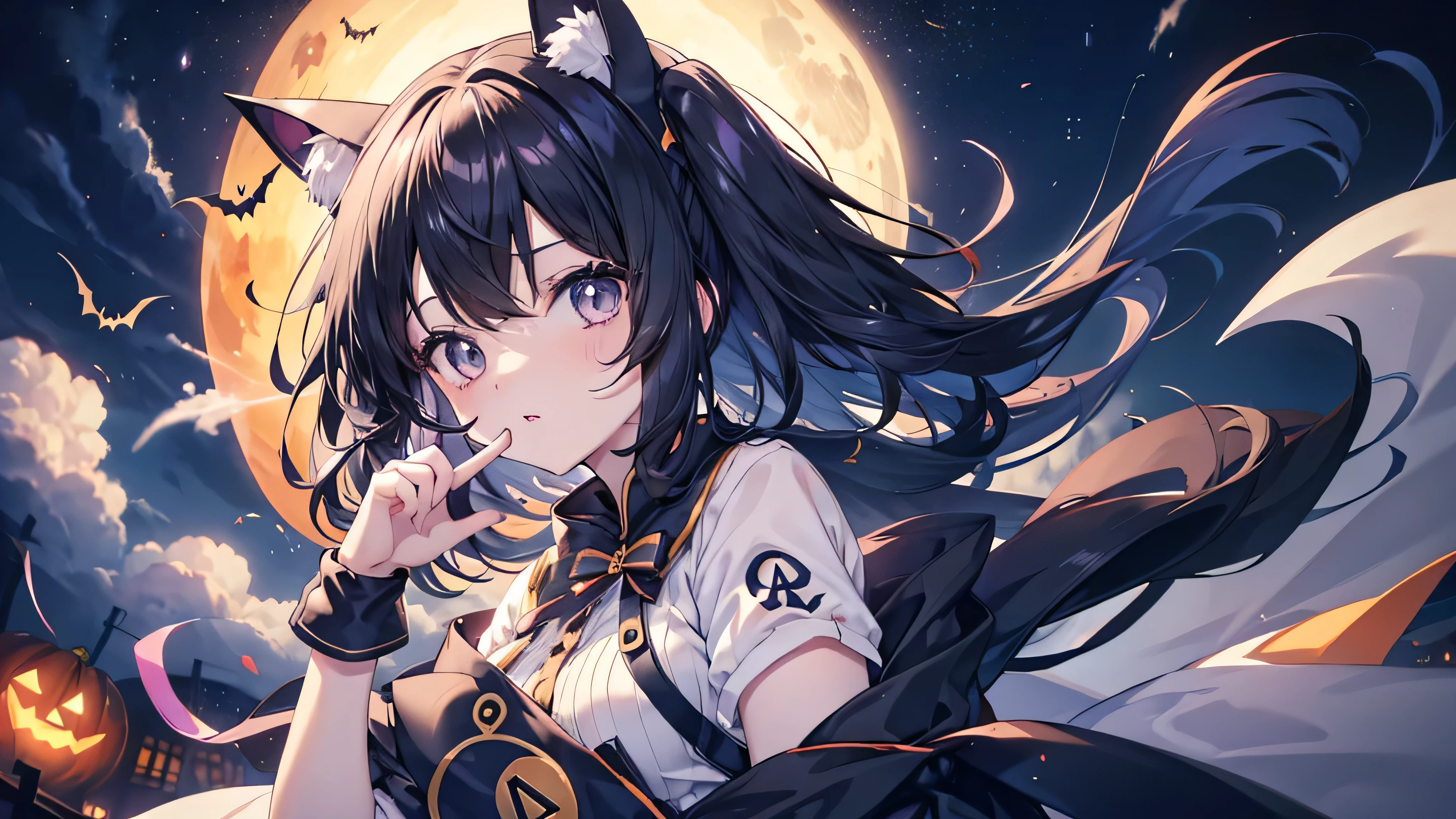 Cute anime black hair girl wearing halloween costume、White skin、dynamic、Alone、night,（Peace sign,)最高のLOL顔,LOL