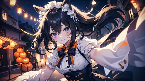 cute anime black hair girl wearing halloween costume、white skin、dynamic、solo、night,（top view,)the best smile,walking down the st...