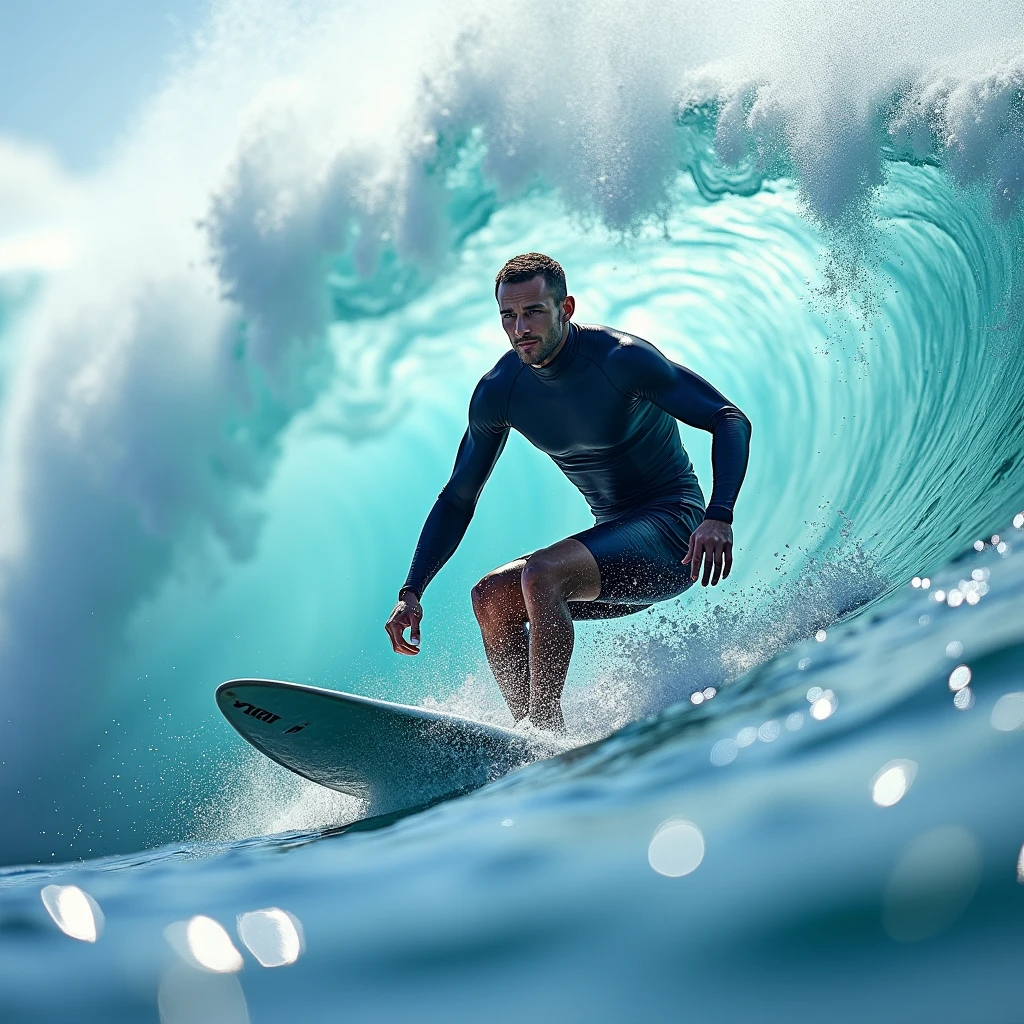 Surfer on surfboard, Professional sportswear, Capture the moment when a surfer sprints through the waves. The waves are like a wall, and the surfers shuttle through it, showing the conquest of nature and the challenge of their own limits.

dynamic movement, full body, photorealistic, Professional, perfect composition, intricate details, ultra-detailed