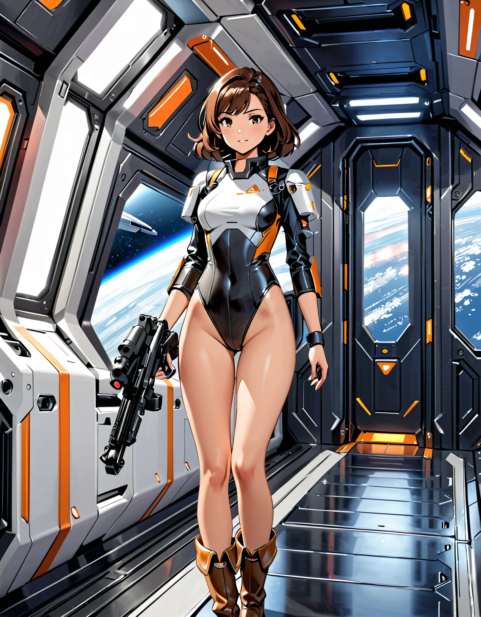 A young brunette, sexy woman with medium hair, a sleeved leotard, bare legs, and boots patrols a deck inside a spaceship armed with a Blastech E-11 blaster rifle.