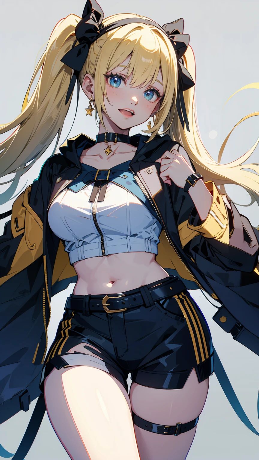 anime art of a Blondeed girl with yellow hair and black jacket, One girl, Alone, belly button, Shorts, jacket, Long Hair, smile, abdomen, chest, Open your mouth, black jacket, Twin tails, Choker, short Shorts, View your viewers, Hair accessories, belt, white shirt, Blonde, shirt, open jacket, black Shorts, Crop top, Earrings, x Hair accessories, black Choker, jewelry, :d, Simple Background, Cowboy Shot, cropped jacket, Clevis, black belt, Open clothes, White background, clavicle, hair ribbon, ribbon, low Twin tails , (Best Quality, masterpiece, Super detailed, figure:1.2),(8K wallpaper),(beautiful Detailed eyes:1.2), beautiful, wonderful, Detailed eyes, (Detailed skin),Cinematic Lighting