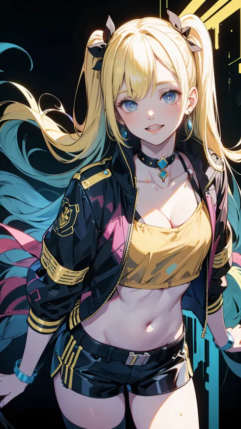 anime art of a Blondeed girl with yellow hair and black jacket, One girl, Alone, belly button, Shorts, jacket, Long Hair, smile, abdomen, chest, Open your mouth, black jacket, Twin tails, Choker, short Shorts, View your viewers, Hair accessories, belt, white shirt, Blonde, shirt, open jacket, black Shorts, Crop top, Earrings, x Hair accessories, black Choker, jewelry, :d, Simple Background, Cowboy Shot, cropped jacket, Clevis, black belt, Open clothes, White background, clavicle, hair ribbon, ribbon, low Twin tails , (Best Quality, masterpiece, Super detailed, figure:1.2),(8K wallpaper),(beautiful Detailed eyes:1.2), beautiful, wonderful, Detailed eyes, (Detailed skin),Cinematic Lighting