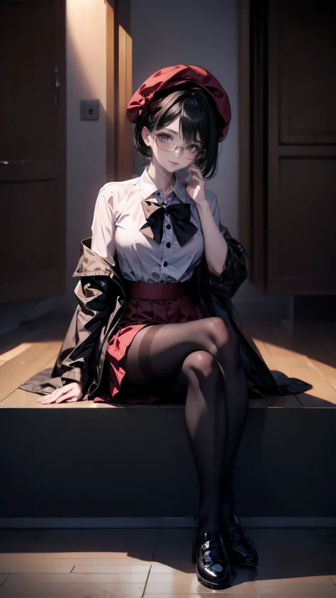 an anime girl with Glasses and a skirt sits on ground and poses, One girl, Alone, skirt, Have, shirt, white shirt, pantyhose, Red eyes, Glasses, Black Hair, shoes, red skirt, Check pattern skirt, beret, View your viewers, Open clothes, Check pattern, collared shirt, , Long sleeve, Mouth closed, Sitting, black pantyhose, indoor, bangs, short hair, Brown headdress, Black-rimmed glasses, Brown Jacket, Off the shoulder,Add XL