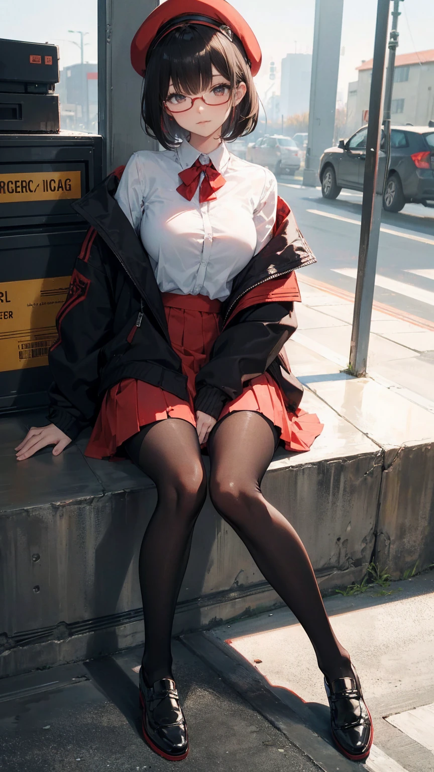 an anime girl with Glasses and a skirt sits on ground and poses, One girl, Alone, skirt, Have, shirt, white shirt, pantyhose, Red eyes, Glasses, Black Hair, shoes, red skirt, Check pattern skirt, beret, View your viewers, Open clothes, Check pattern, collared shirt, , Long sleeve, Mouth closed, Sitting, black pantyhose, indoor, bangs, short hair, Brown headdress, Black-rimmed glasses, Brown Jacket, Off the shoulder,Add XL