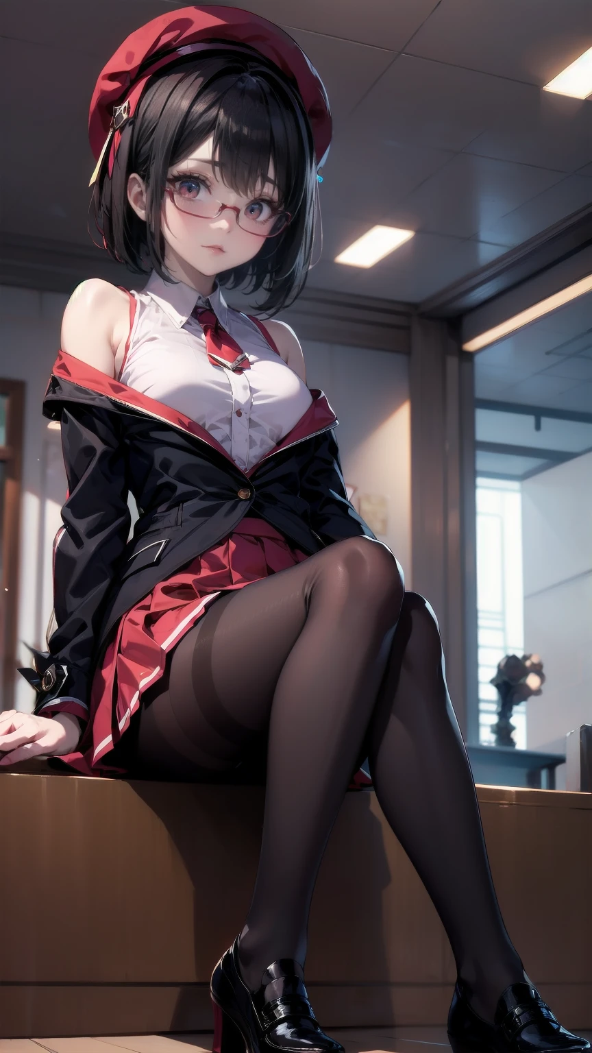 an anime girl with Glasses and a skirt sits on ground and poses, One girl, Alone, skirt, Have, shirt, white shirt, pantyhose, Red eyes, Glasses, Black Hair, shoes, red skirt, Check pattern skirt, beret, View your viewers, Open clothes, Check pattern, collared shirt, , Long sleeve, Mouth closed, Sitting, black pantyhose, indoor, bangs, short hair, Brown headdress, Black-rimmed glasses, Brown Jacket, Off the shoulder,Add XL