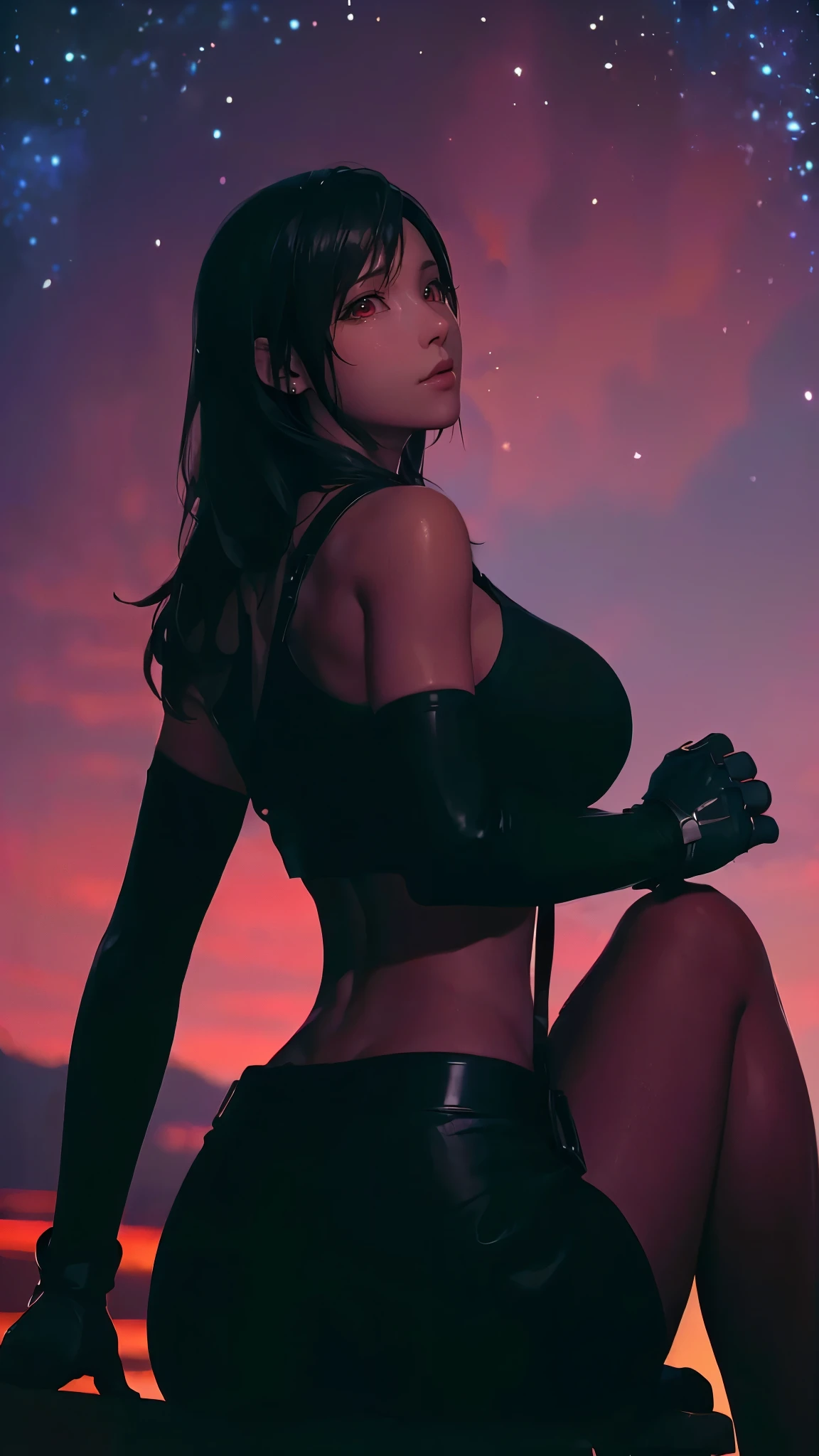 (（（figure，御姐figure,White and tender skin,（（belt, collarbone, crop top, elbow gloves, elbow pads, gloves, low-tied long hair, midriff, navel, skirt, stomach, suspenders, Tank top, ）））,(（（Tifa lockhart，red eyes，black hair，long hair））),,((masterpiece)),highres,((Best quality at best)),masterpiece,quality,Best quality,(（（ Exquisite facial features,Looking at the audience,There is light in the eyes, ））），jianying，silhouette，Huge breasts，starry sky ,aurora,Sitting，From the back，Look Back））），