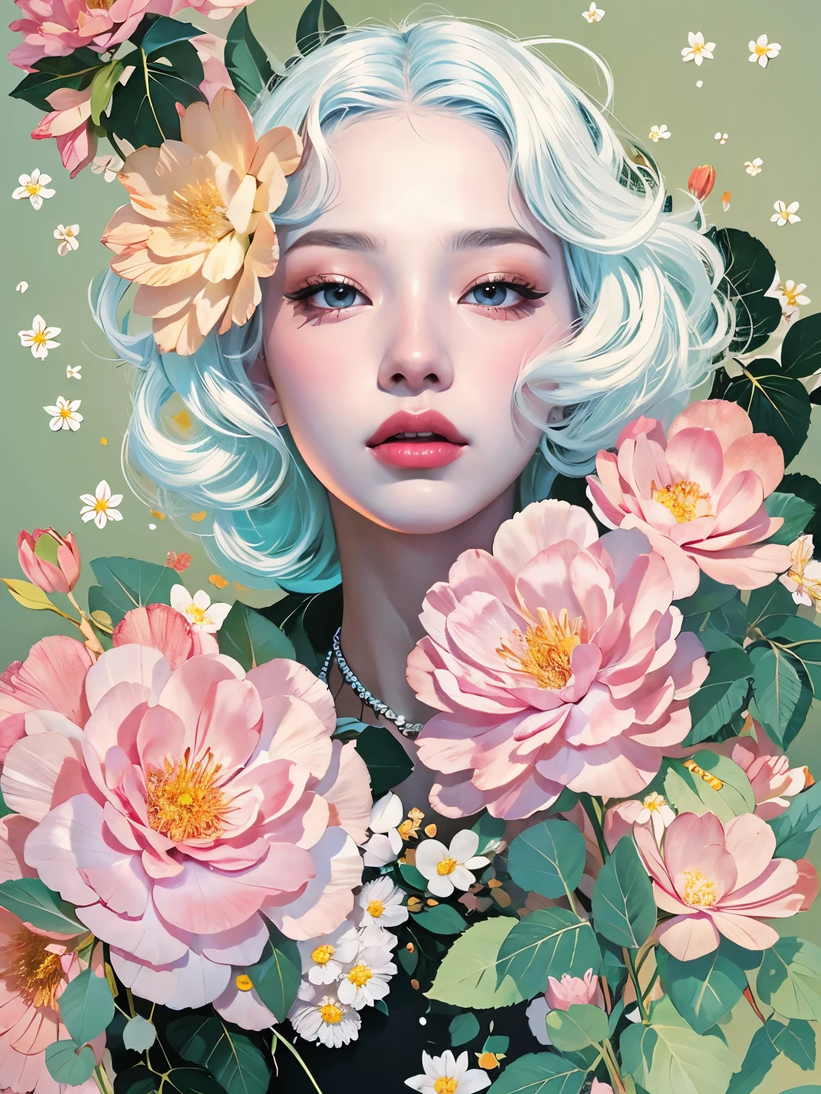 Chiaroscuro Technique for Elegant Illustrations , Retro and nostalgic ,There are silk-like flowers around the body, Painting, By Hannah Dell, author：Harumi Hironaka, extremely soft colors, Vibrant, pastel, Highly detailed, Digital Art, High contrast, dramatic, refined, tone, Golden Ratio