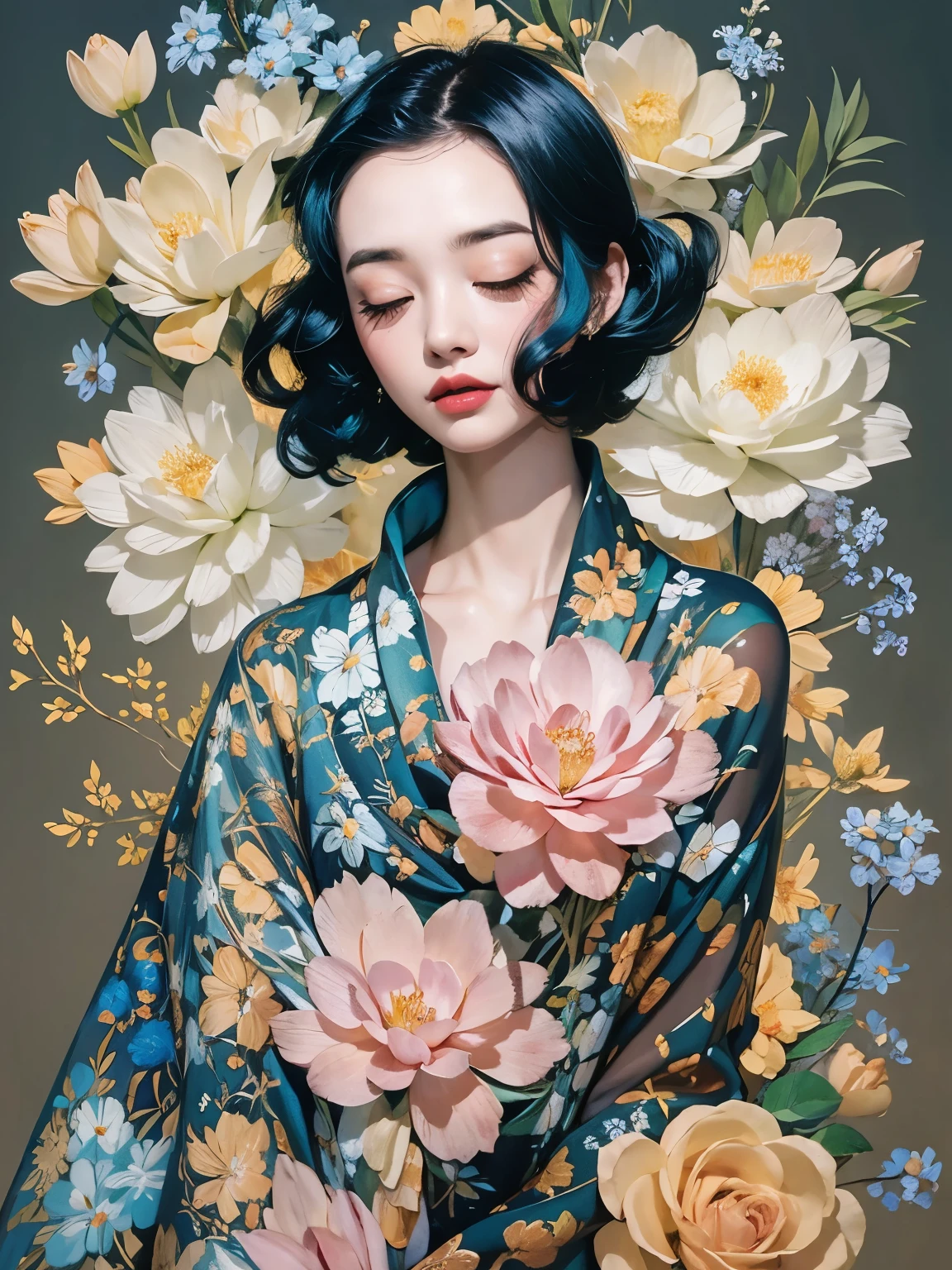 Chiaroscuro Technique for Elegant Illustrations , Retro and nostalgic ,There are silk-like flowers around the body, Painting, By Hannah Dell, author：Harumi Hironaka, extremely soft colors, Vibrant, pastel, Highly detailed, Digital Art, High contrast, dramatic, refined, tone, Golden Ratio