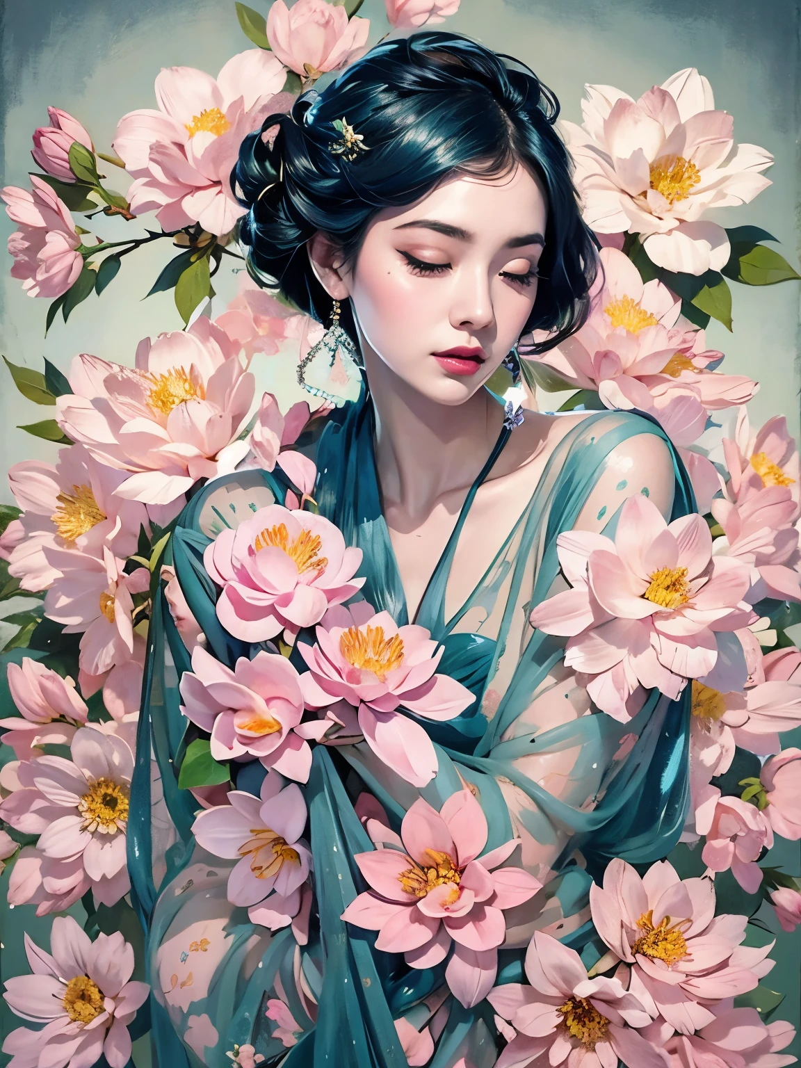 Chiaroscuro Technique for Elegant Illustrations , Retro and nostalgic ,There are silk-like flowers around the body, Painting, By Hannah Dell, author：Harumi Hironaka, extremely soft colors, Vibrant, pastel, Highly detailed, Digital Art, High contrast, dramatic, refined, tone, Golden Ratio