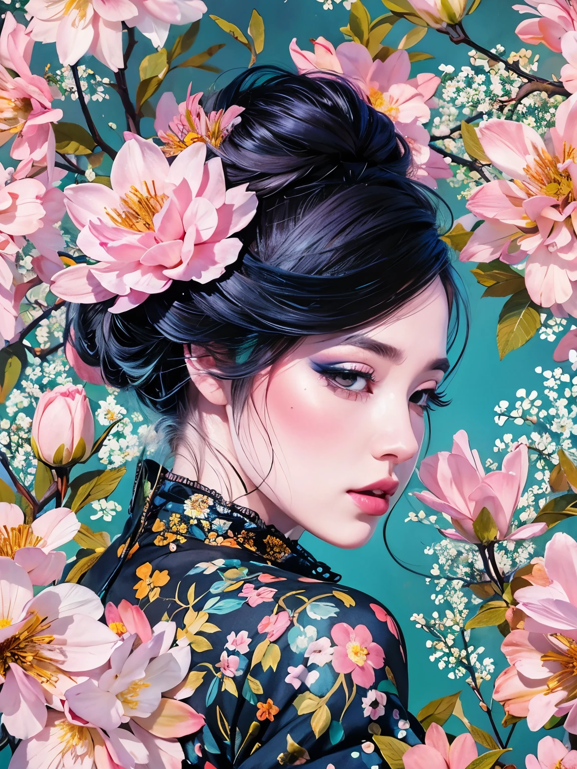 Chiaroscuro Technique for Elegant Illustrations , Retro and nostalgic ,There are silk-like flowers around the body, Painting, By Hannah Dell, author：Harumi Hironaka, extremely soft colors, Vibrant, pastel, Highly detailed, Digital Art, High contrast, dramatic, refined, tone, Golden Ratio