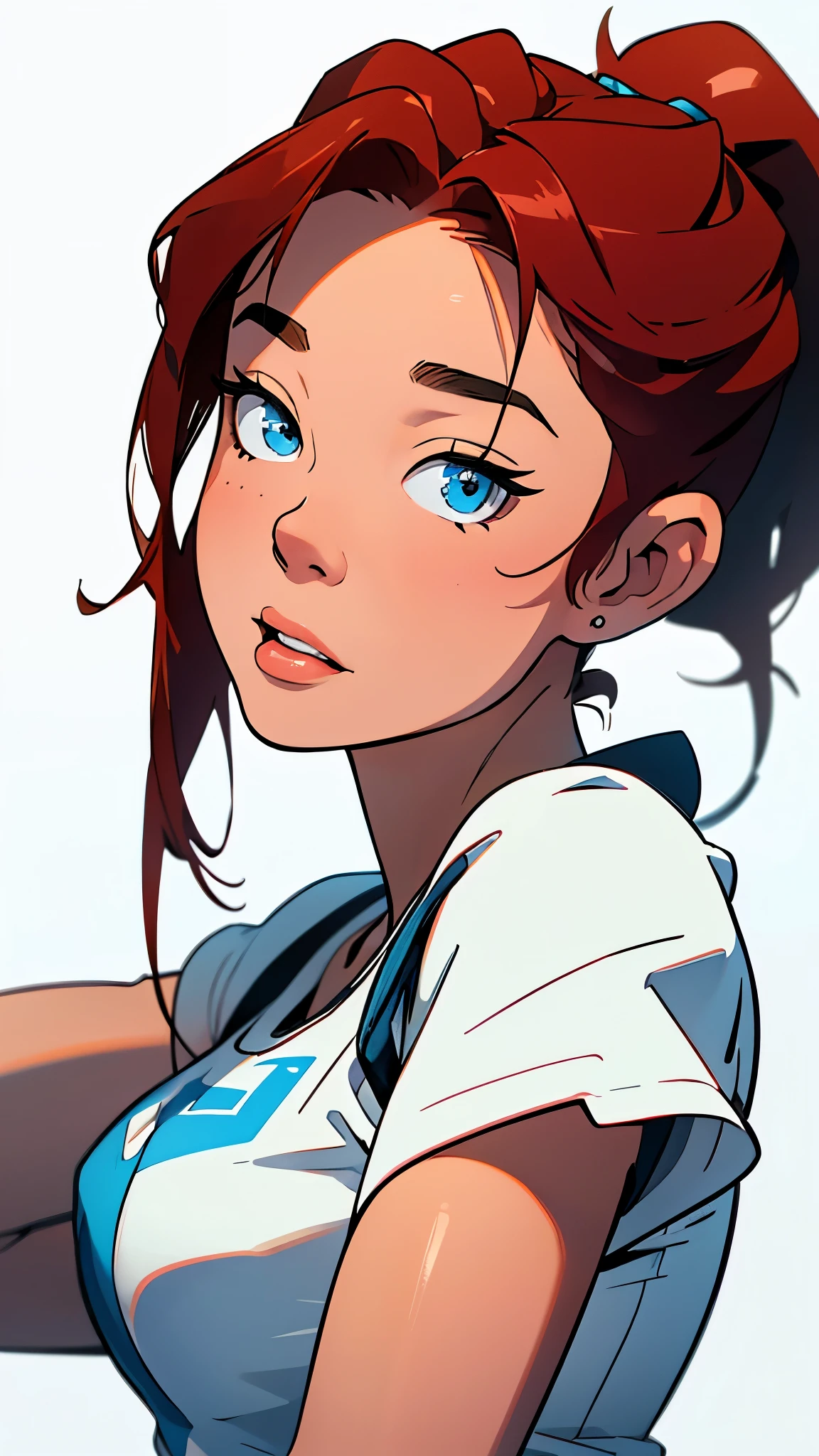 masterpiece, best quality, portrait, highest image quality, waitress, looks like Olivia Dunne, bright red hair, ponytail, blue eyes, wearing a white graphic t-shirt, large breasts, White background, close up of her face, sultry expression
