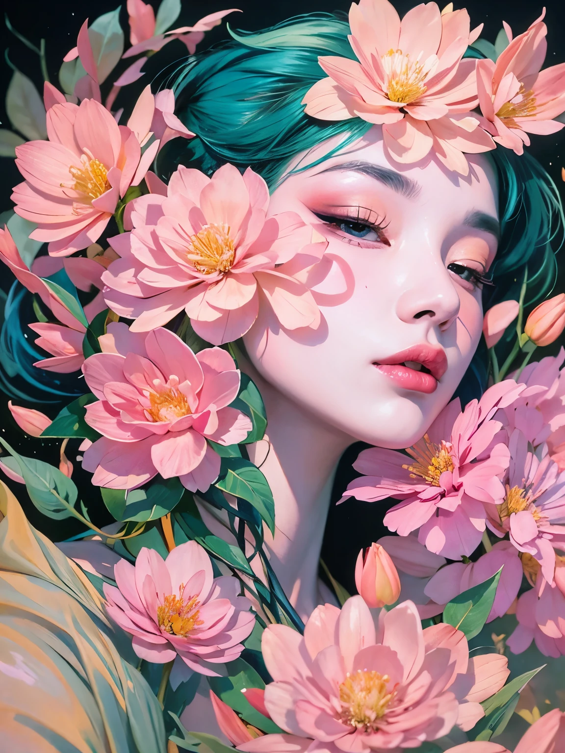 Chiaroscuro Technique for Elegant Illustrations , Retro and nostalgic ,There are silk-like flowers around the body, Painting, By Hannah Dell, author：Harumi Hironaka, extremely soft colors, Vibrant, pastel, Highly detailed, Digital Art, High contrast, dramatic, refined, tone, Golden Ratio