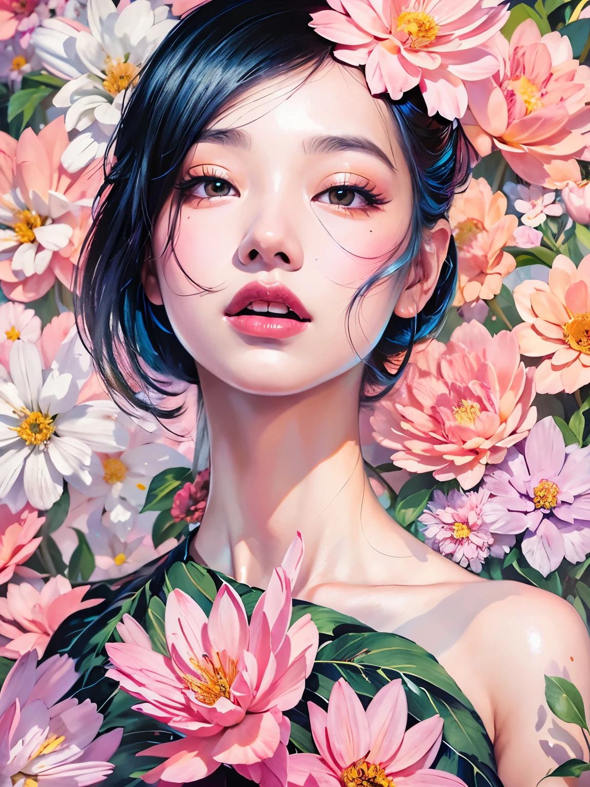 Chiaroscuro Technique for Elegant Illustrations , Retro and nostalgic ,There are silk-like flowers around the body, Painting, By Hannah Dell, author：Harumi Hironaka, extremely soft colors, Vibrant, pastel, Highly detailed, Digital Art, High contrast, dramatic, refined, tone, Golden Ratio