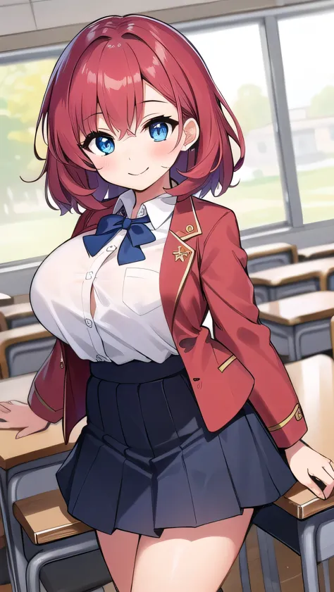 Big breasts, red hair, blue eyes, droopy eyes, red jacket, long sleeves, navy skirt, elementary school student, (super big breasts:1.1), (medium hair: 1), baggy clothes, elementary school student, young face, short height, , old, shy Agari, smiling a little, in the classroom, white shirt, soft hair，(straight hair:1.2)  , gentle smile, a little smile ，