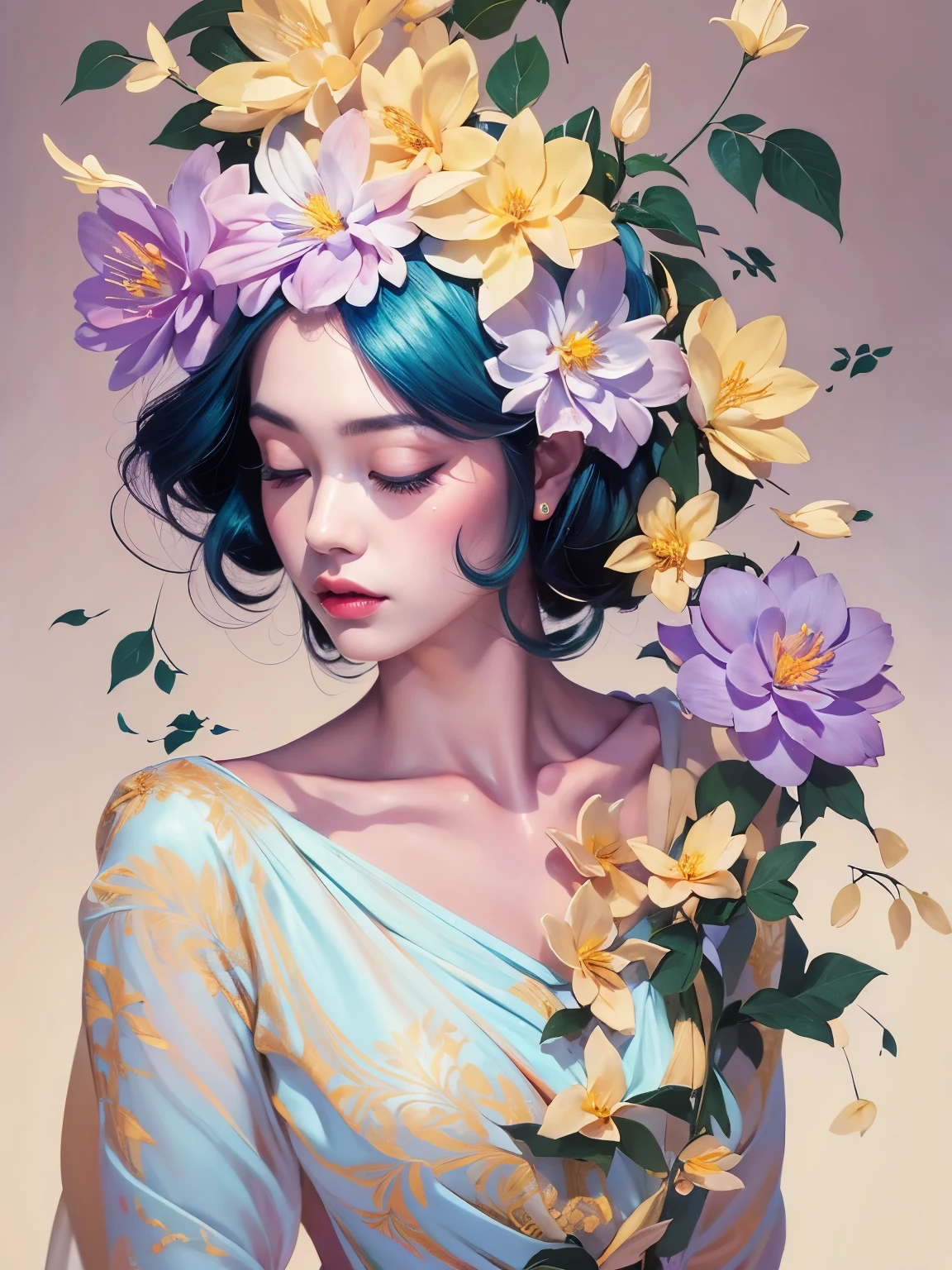 Chiaroscuro Technique for Elegant Illustrations , Retro and nostalgic ,There are silk-like flowers around the body, Painting, By Hannah Dell, author：Harumi Hironaka, extremely soft colors, Vibrant, pastel, Highly detailed, Digital Art, High contrast, dramatic, refined, tone, Golden Ratio