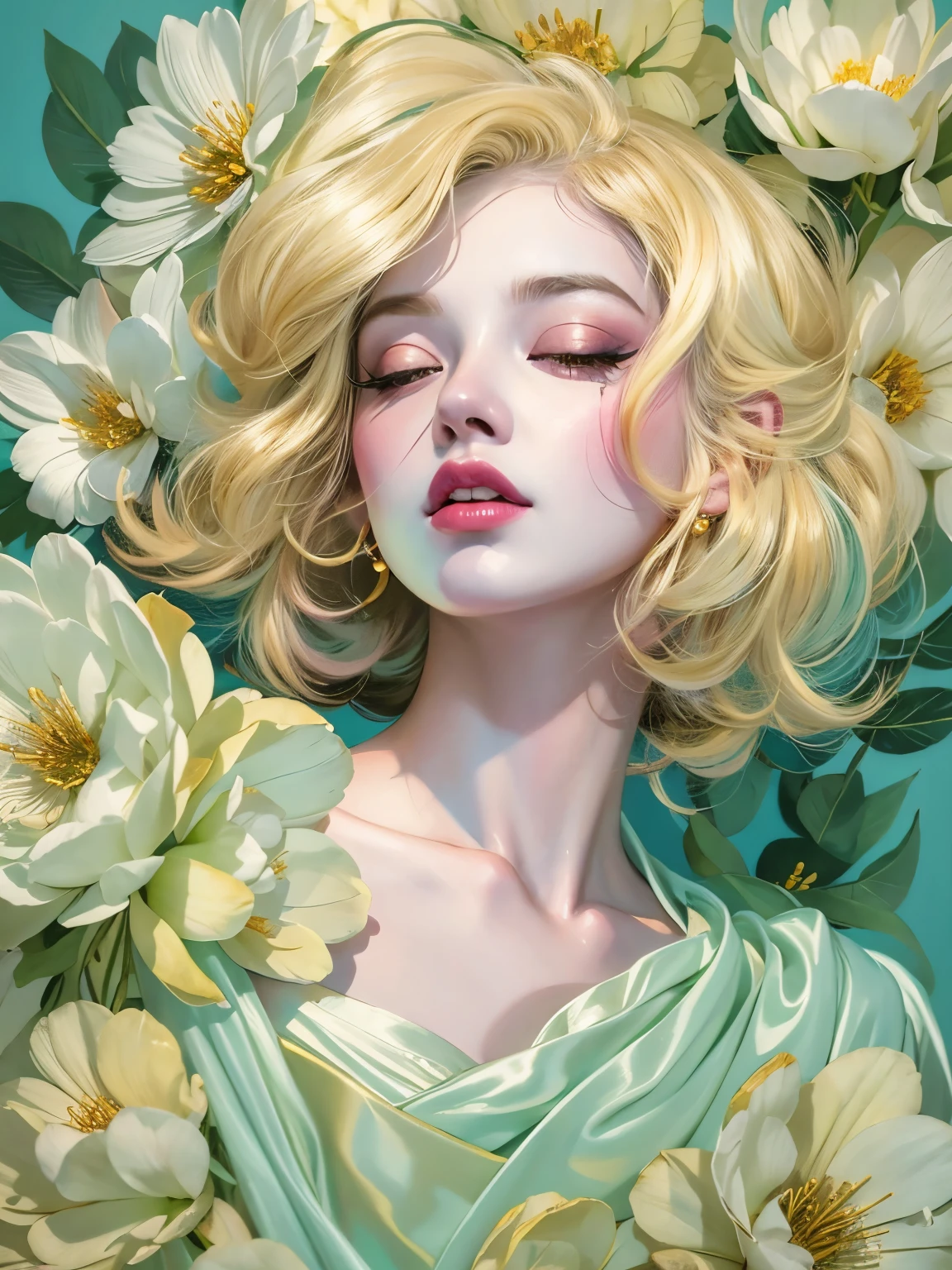 Chiaroscuro Technique for Elegant Illustrations , Retro and nostalgic ,There are silk-like flowers around the body, Painting, By Hannah Dell, author：Harumi Hironaka, extremely soft colors, Vibrant, pastel, Highly detailed, Digital Art, High contrast, dramatic, refined, tone, Golden Ratio