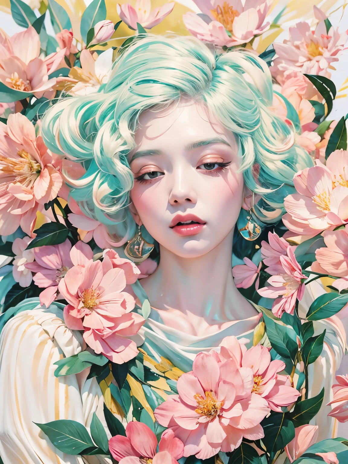 Chiaroscuro Technique for Elegant Illustrations , Retro and nostalgic ,There are silk-like flowers around the body, Painting, By Hannah Dell, author：Harumi Hironaka, extremely soft colors, Vibrant, pastel, Highly detailed, Digital Art, High contrast, dramatic, refined, tone, Golden Ratio