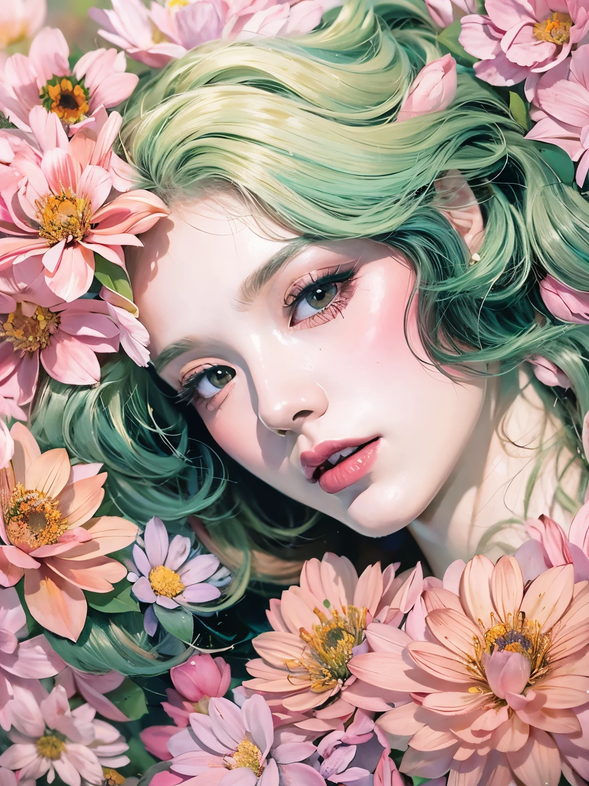 Chiaroscuro Technique for Elegant Illustrations , Retro and nostalgic ,There are silk-like flowers around the body, Painting, By Hannah Dell, author：Harumi Hironaka, extremely soft colors, Vibrant, pastel, Highly detailed, Digital Art, High contrast, dramatic, refined, tone, Golden Ratio