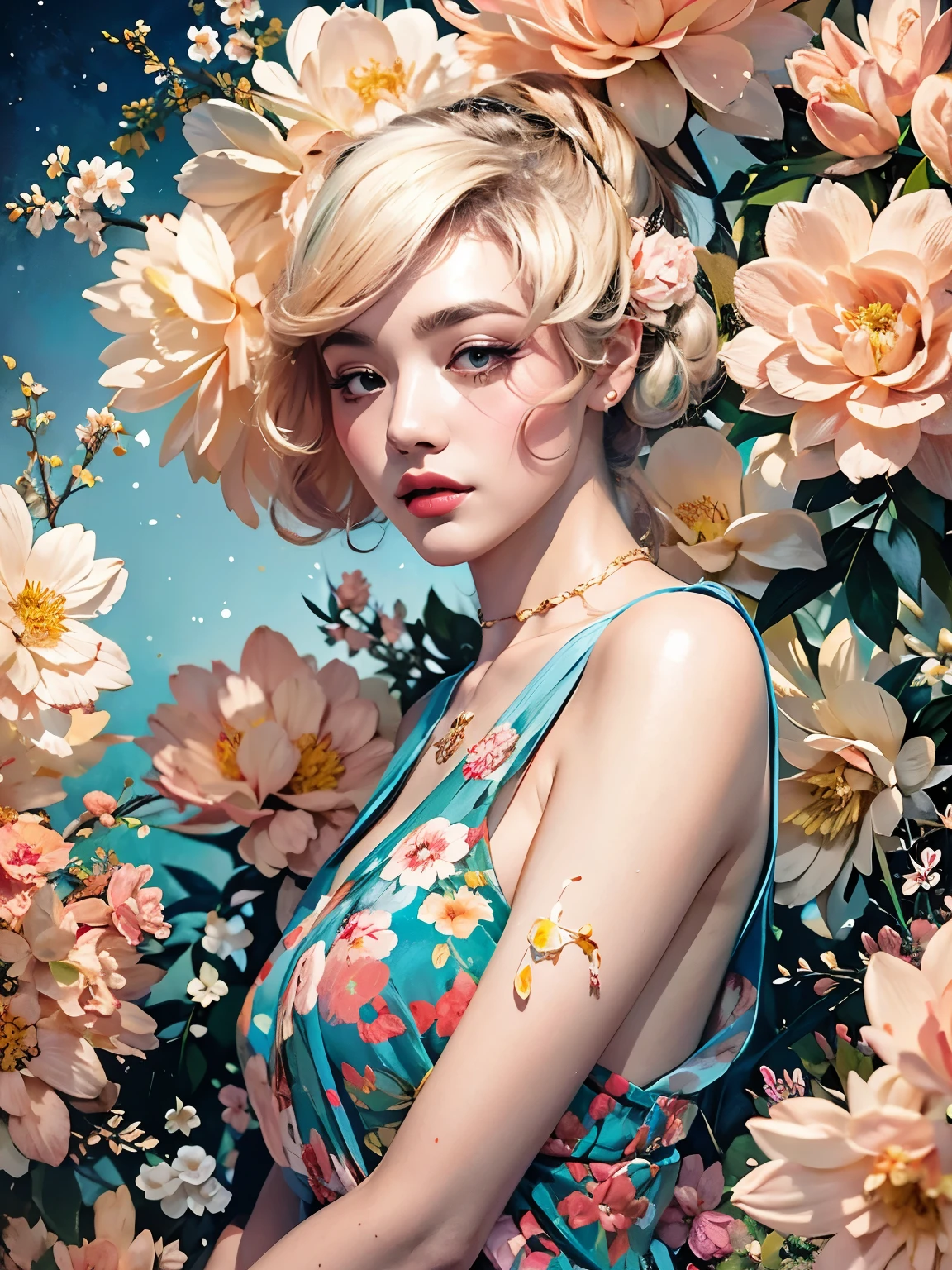 Chiaroscuro Technique for Elegant Illustrations , Retro and nostalgic ,There are silk-like flowers around the body, Painting, By Hannah Dell, author：Harumi Hironaka, extremely soft colors, Vibrant, pastel, Highly detailed, Digital Art, High contrast, dramatic, refined, tone, Golden Ratio