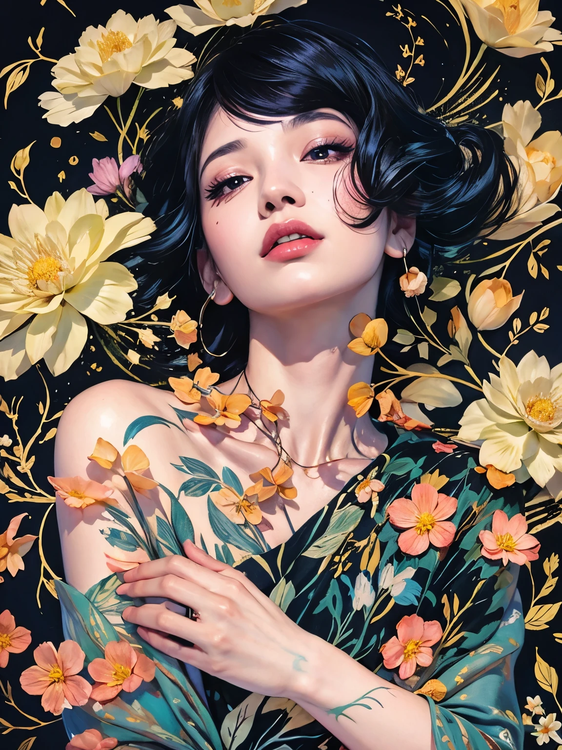 Chiaroscuro Technique for Elegant Illustrations , Retro and nostalgic ,There are silk-like flowers around the body, Painting, By Hannah Dell, author：Harumi Hironaka, extremely soft colors, Vibrant, pastel, Highly detailed, Digital Art, High contrast, dramatic, refined, tone, Golden Ratio