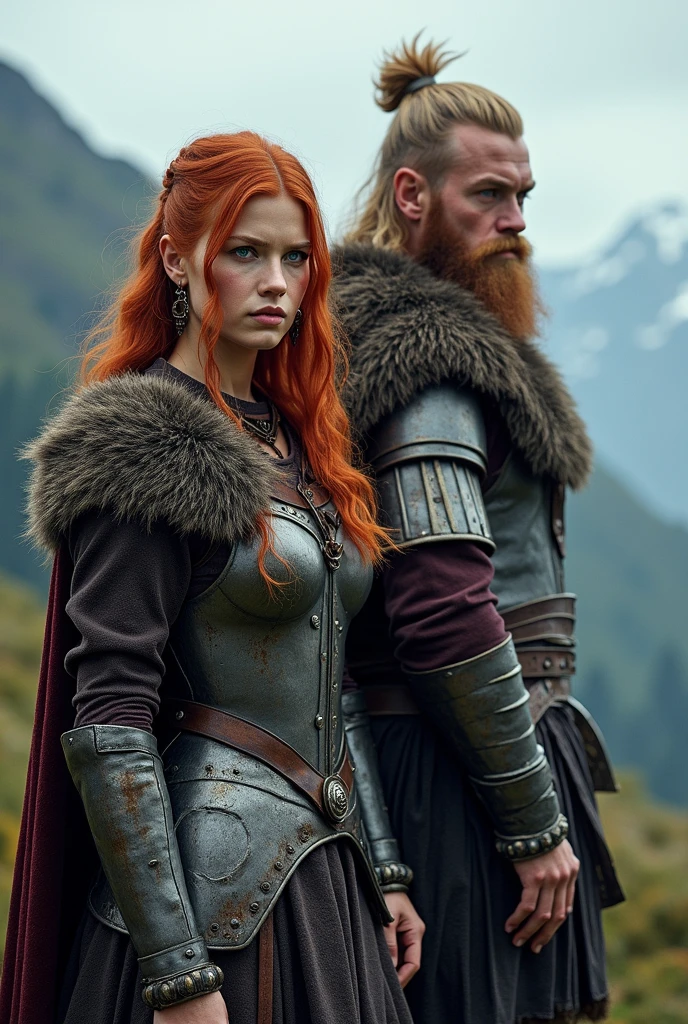 Viking Universe, a warrior leader with blonde hair and beard, Norse, and a duo, with a redhead with blue eyes, Viking armor, partner. in the Drakar viking