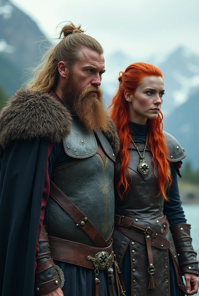 Viking Universe, a warrior leader with blonde hair and beard, Norse, and a duo, with a redhead with blue eyes, Viking armor, partner. in the Drakar viking